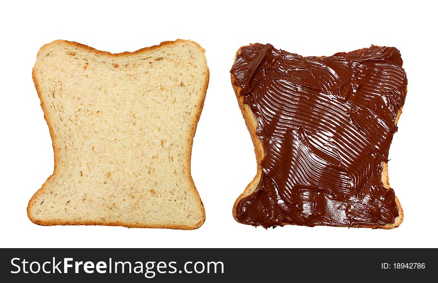 Two slices of bread one with milk chocolate on it isolated on a white background