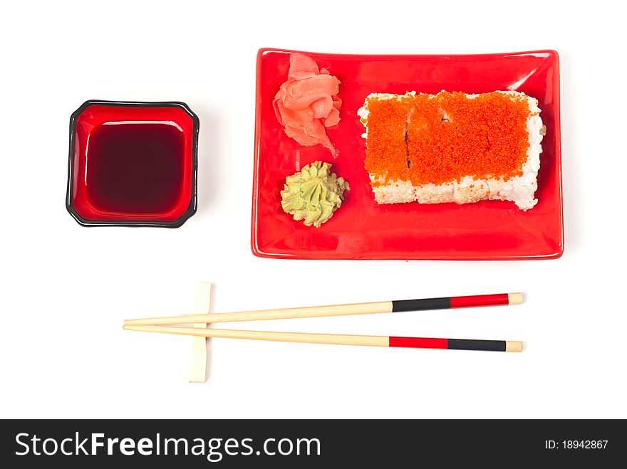 Sushi rolls served on a plate. White background. Sushi rolls served on a plate. White background