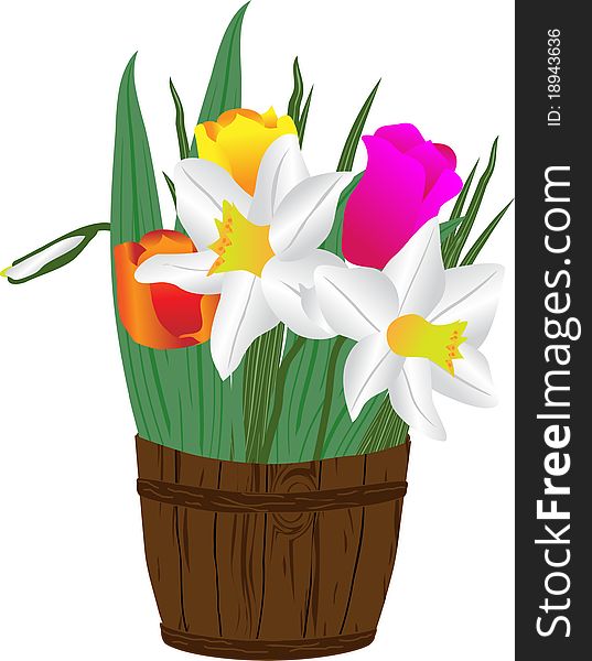 Bouquet from narcissuses and tulips in a decorative vessel