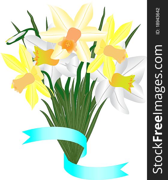 Bouquet from beautiful spring colors - narcissuses with a decorative tape