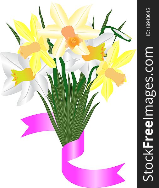 Bouquet from beautiful spring colors - narcissuses with a decorative tape