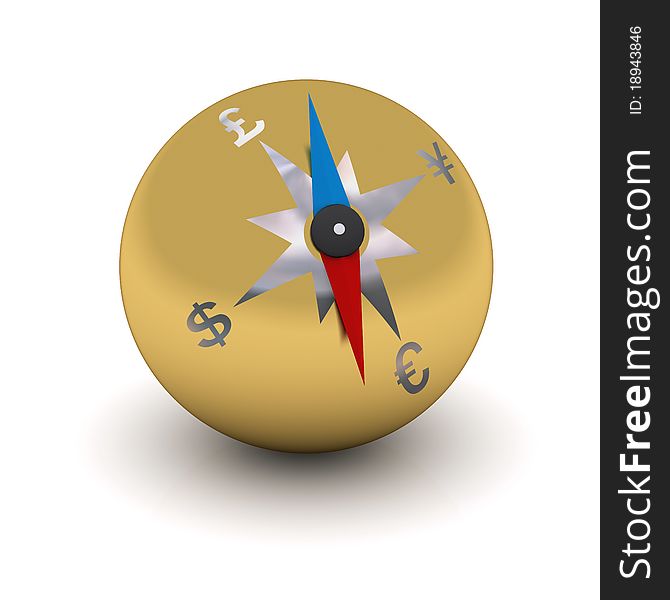 Gold stylized compass indicating the direction of currencies