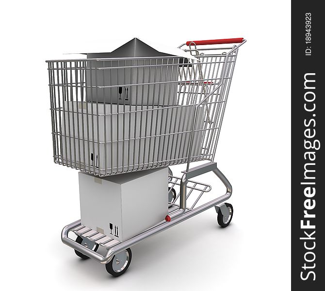 Trolley with an open cardboard box. 3d rendering on white background