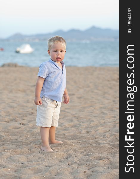 Blonde baby 2 years old in the beach. Blonde baby 2 years old in the beach