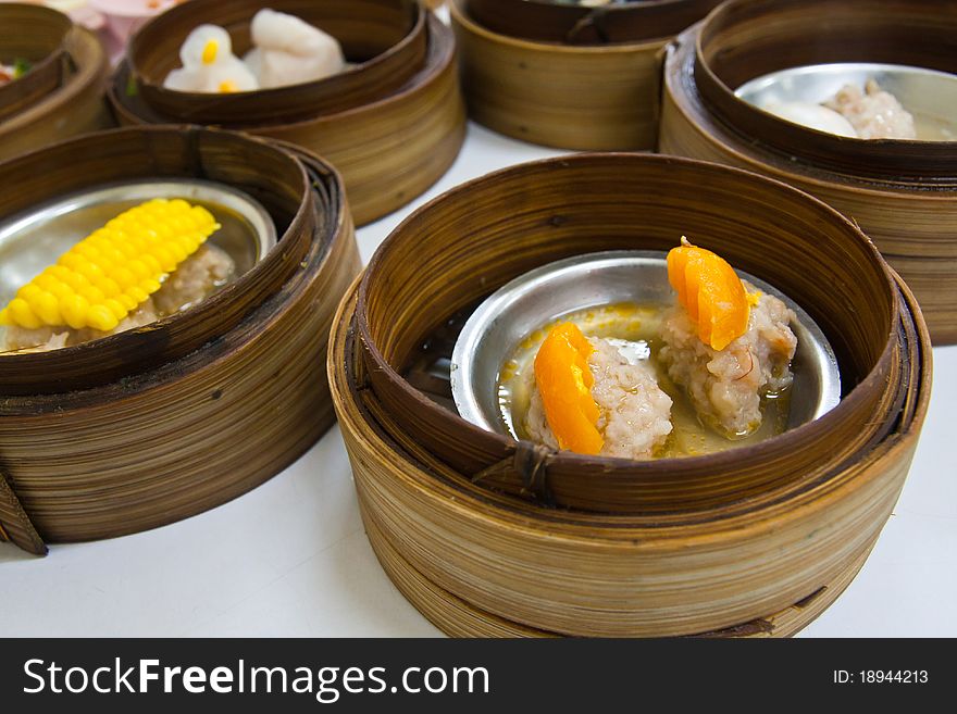 Chinese cuisine Dimsum in bamboo container