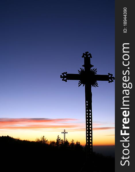 Crosses at sunset in a famous place of worship. Crosses at sunset in a famous place of worship