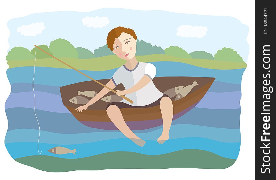 The boy floats in a boat and fishes
