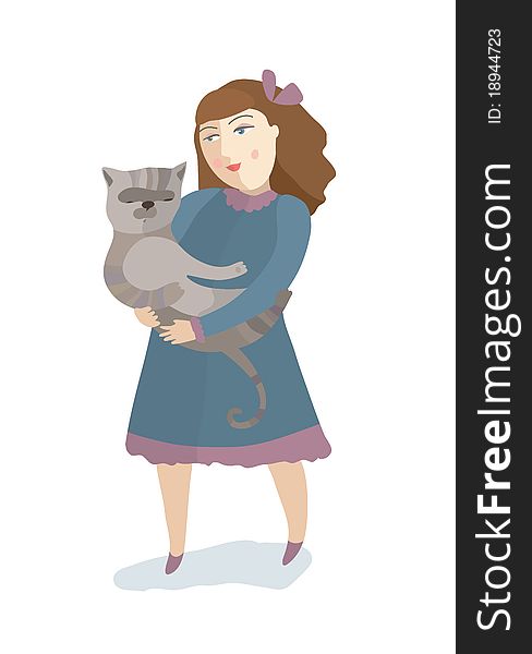 The girl with a cat on hands