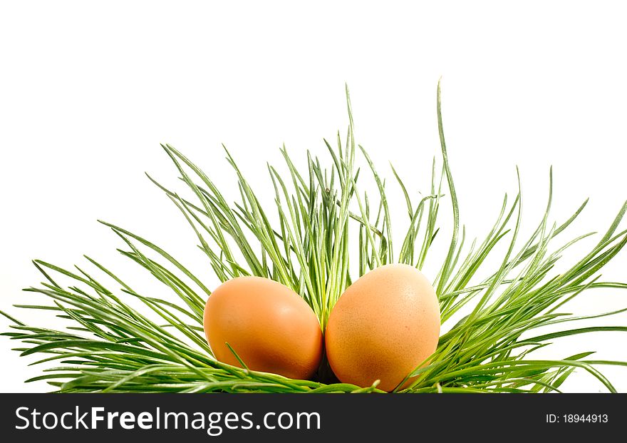 Two eggs in a green grass, on a white background