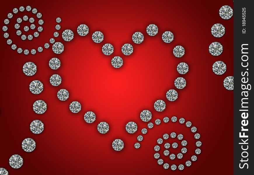 Heart illustration with diamonds on red gradient.
