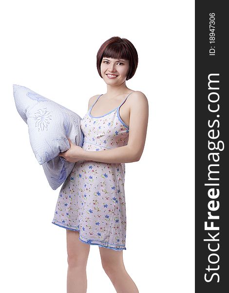 Happy Girl with pillow on white background.