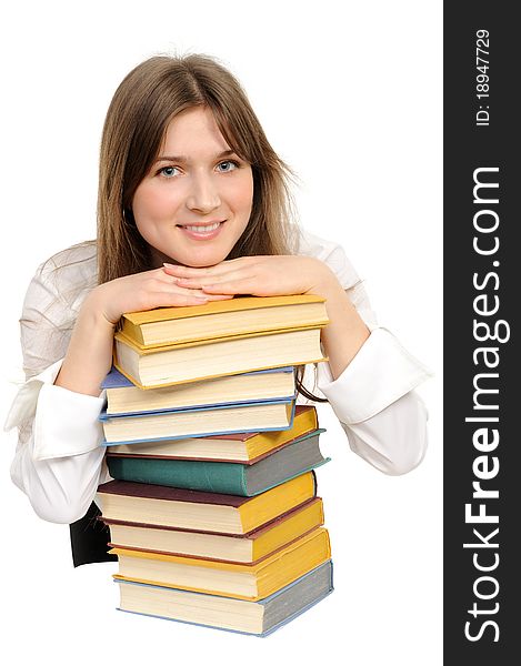 Student girl with books on white background
