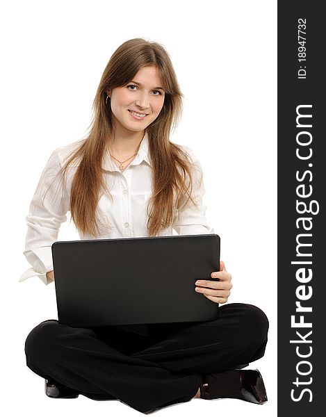 Woman with laptop on a white background. Woman with laptop on a white background
