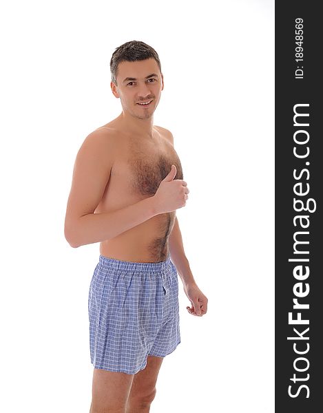 Young handsome optimistic male in underwear. isolated