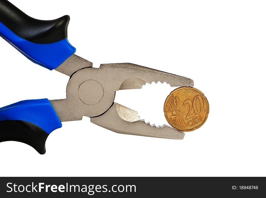 Flat-nose pliers and coin isolated on white. Flat-nose pliers and coin isolated on white.