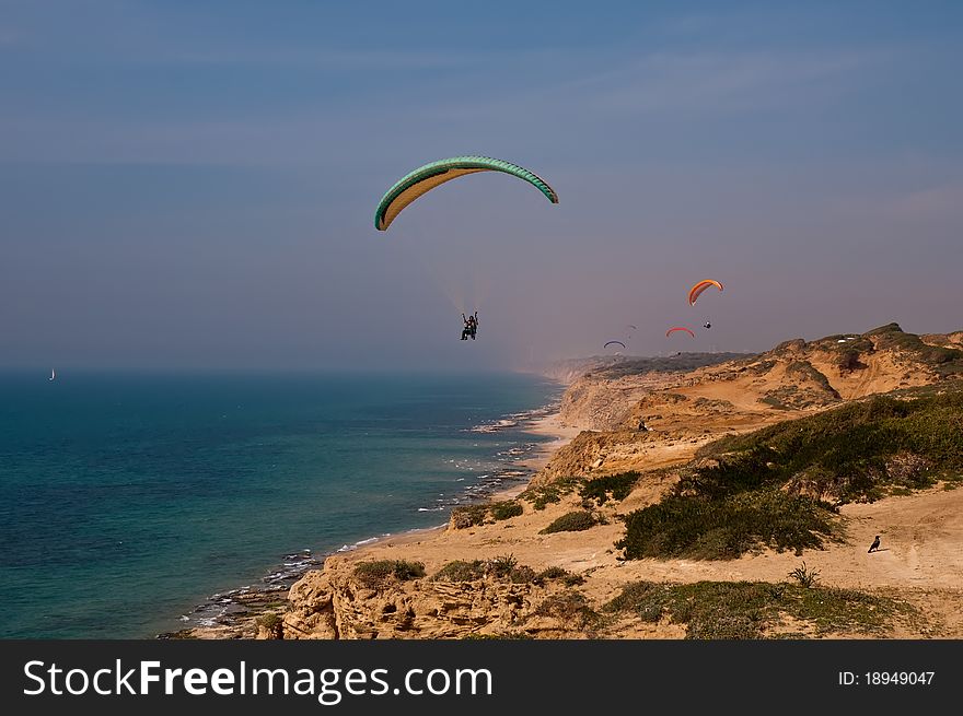 Paraglider Over  Mediterranean Sea .