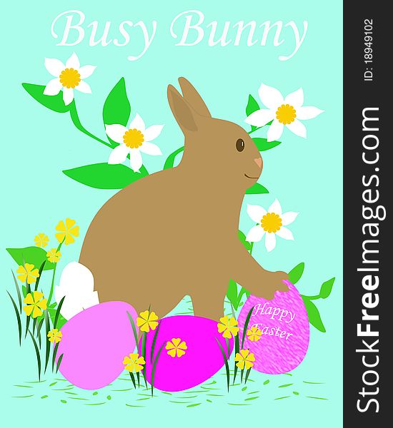 Busy Easter bunny and colorful eggs illustration