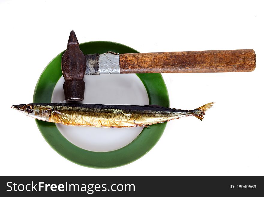 Needlefish smoked on a plate on a white background. Needlefish smoked on a plate on a white background