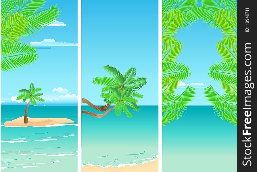 Set of vertical tropical banners with ocean, sky and bay