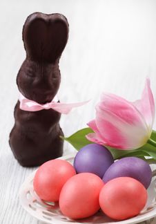 Easter Eggs With Tulip And Chocolate Hare Royalty Free Stock Photo