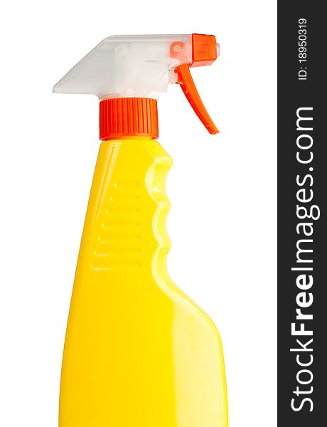 Yellow transparent spray bottle on white background