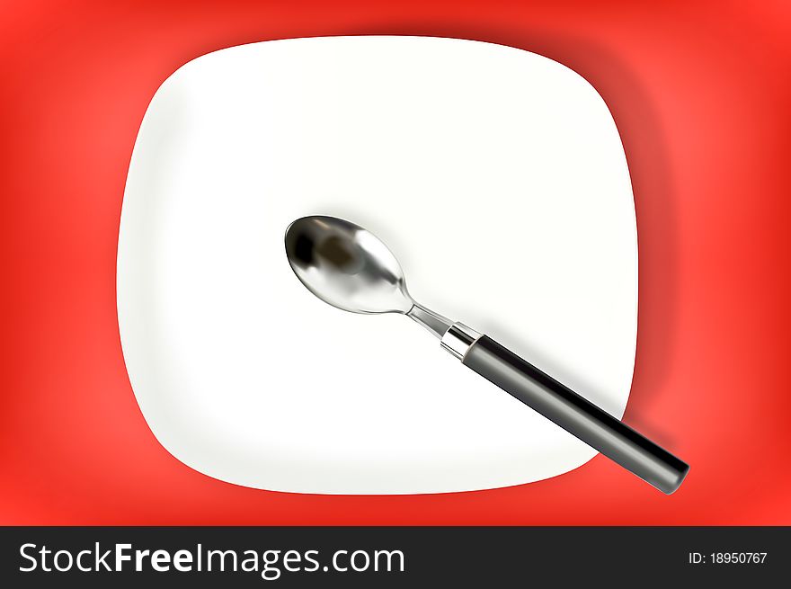 Spoon on a plate with a red primer to increase the brightness and the atmosphere in the kitchen. Spoon on a plate with a red primer to increase the brightness and the atmosphere in the kitchen.
