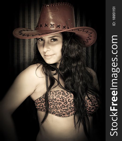 Young stylish woman portrait in cowboy hat. Young stylish woman portrait in cowboy hat
