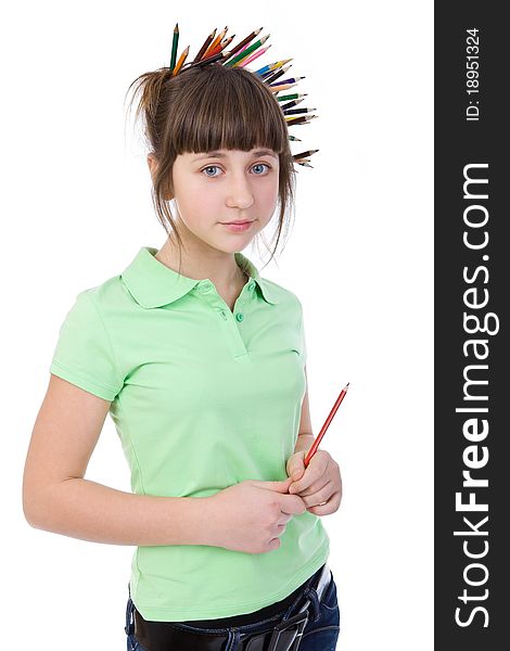 Girl with pencils isolated on a white background