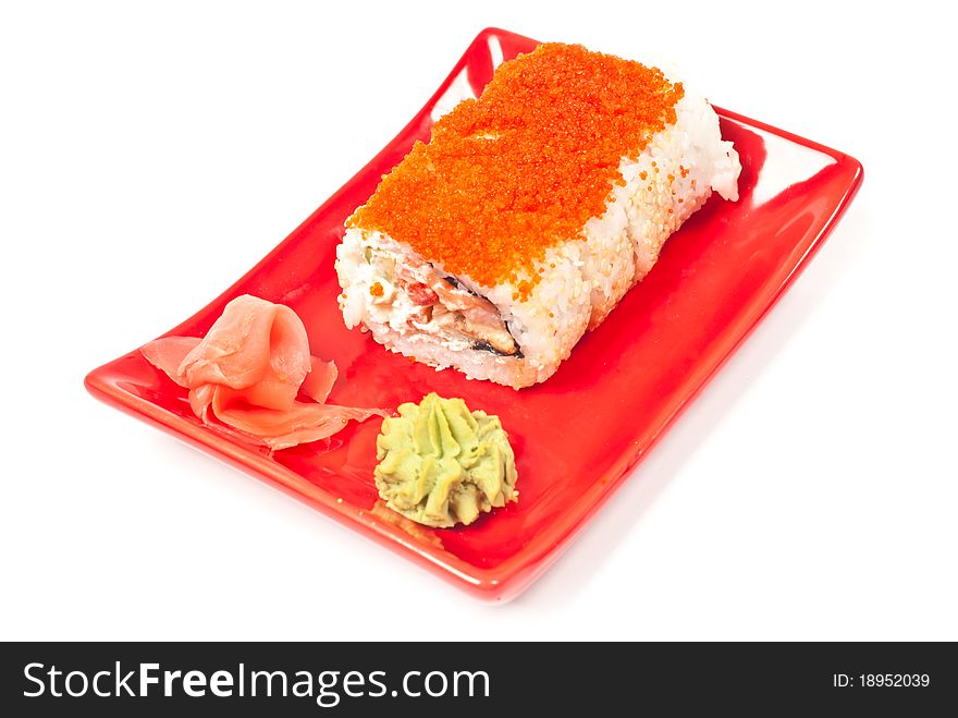 Sushi rolls served on a plate. Isolated on white background. Sushi rolls served on a plate. Isolated on white background