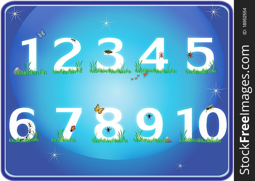 Numbers laying on grass in the blue night sky. Numbers laying on grass in the blue night sky