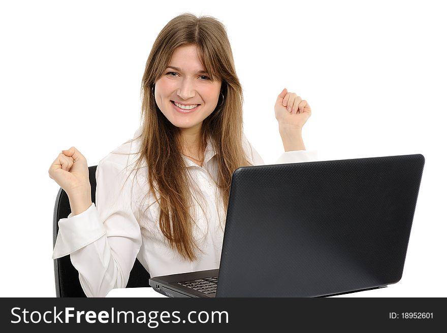 Excited woman with laptop enjoying success on white background. Excited woman with laptop enjoying success on white background