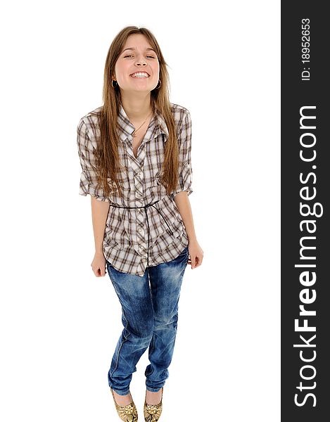 Comic young female smile against a white background