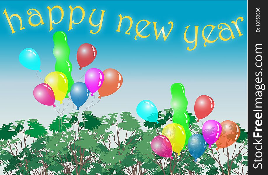 Happy new year with balloon flying over treetop. Happy new year with balloon flying over treetop
