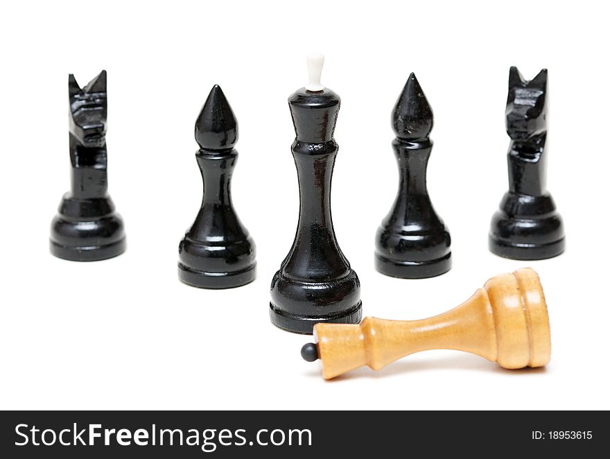 Chess Black defeated the bright king. Isolated on white background