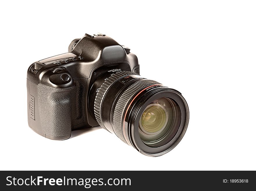 Digital reflex camera, in white background with copyspace. Digital reflex camera, in white background with copyspace