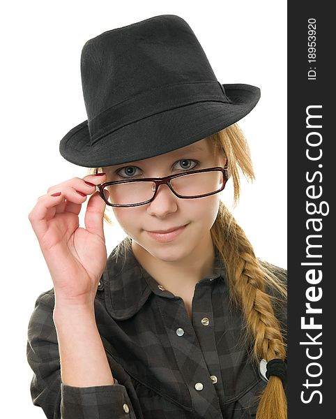 Portrait of the girl with glasses isolated on a white background