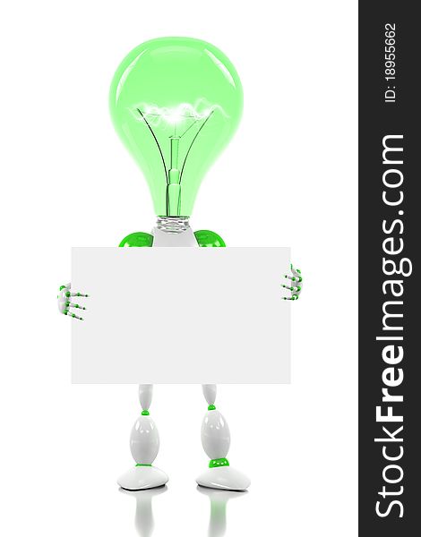 Robot with light bulb for its head , holding a blank card