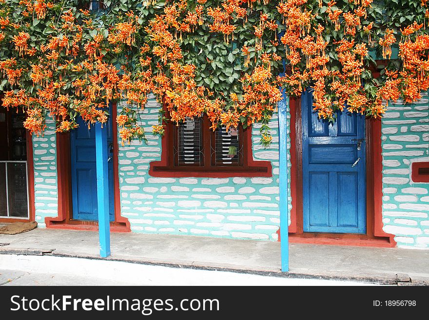 A typical house with many flowers on himalaya in nepal. A typical house with many flowers on himalaya in nepal
