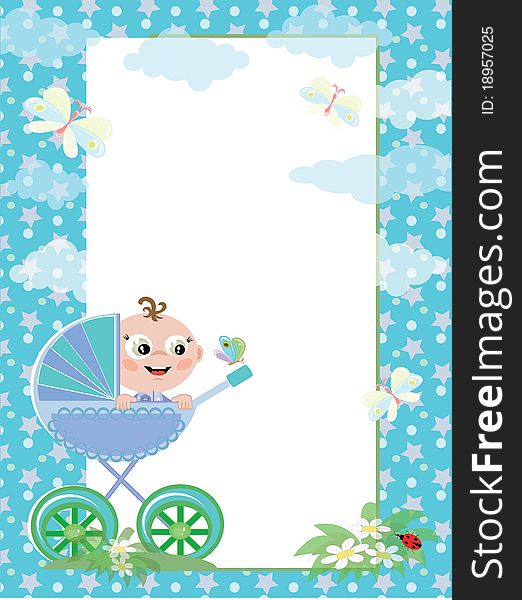 Pink frame with baby boy in carriage