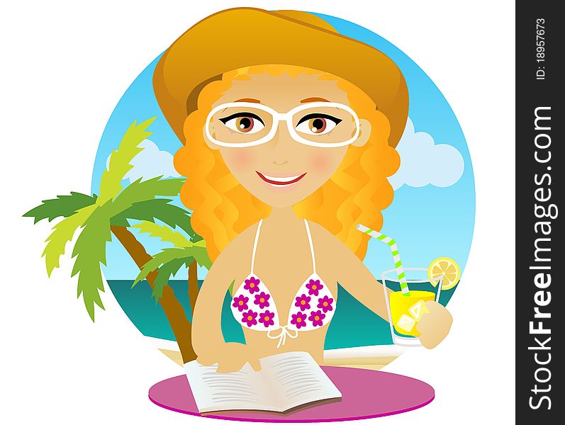 Girl sunbathes on a beach, drinks cocktail and reads a book. Girl sunbathes on a beach, drinks cocktail and reads a book