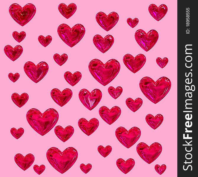 Set of red hearts on a pink background as a texture. Set of red hearts on a pink background as a texture