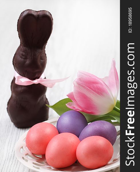 Easter Eggs With Tulip And Chocolate Hare