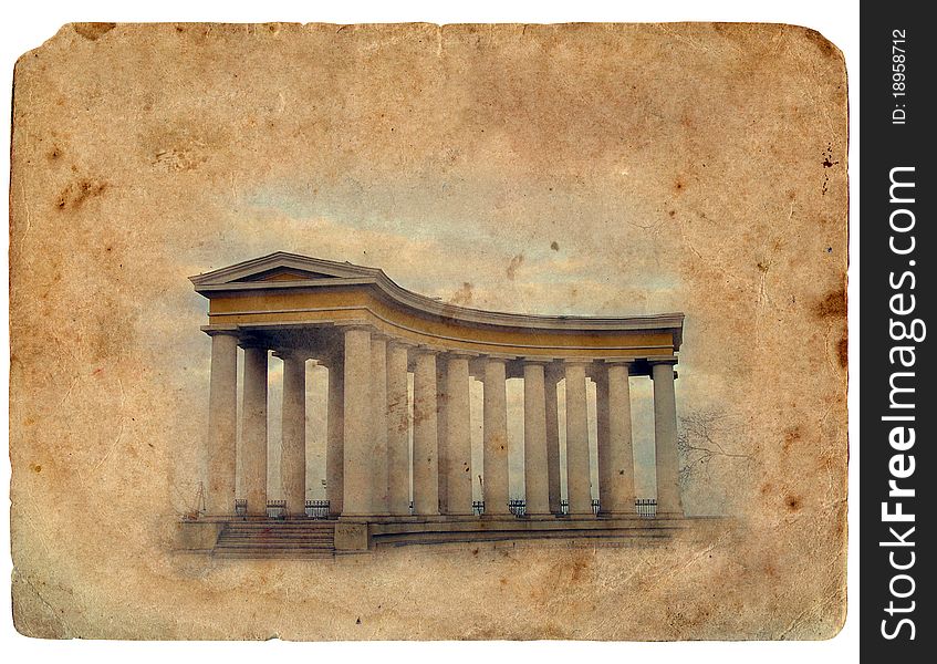 Old postcard. Odessa city Colonnade. Isolated on white background