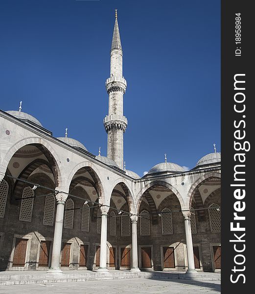 Blue Mosque (Sultan Ahmed) yard and minaret in Istanbul, Turkey. Blue Mosque (Sultan Ahmed) yard and minaret in Istanbul, Turkey