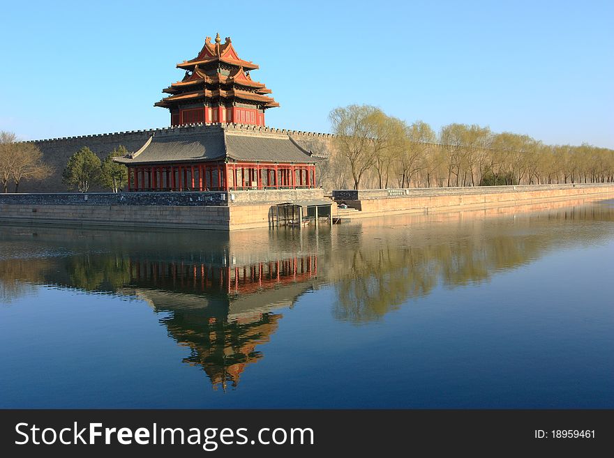 Northwest corner of forbidden city,the reflection in the moat, Beijing China. Northwest corner of forbidden city,the reflection in the moat, Beijing China.