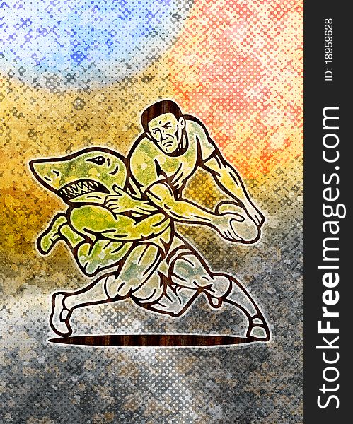 Illustration of a Rugby player running with ball attacked by shark with grunge texture background. Illustration of a Rugby player running with ball attacked by shark with grunge texture background