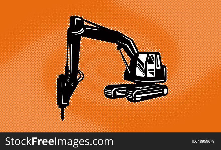 Illustration of a construction digger mechanical excavator done in retro style with halftone dot twirl or swirl in background