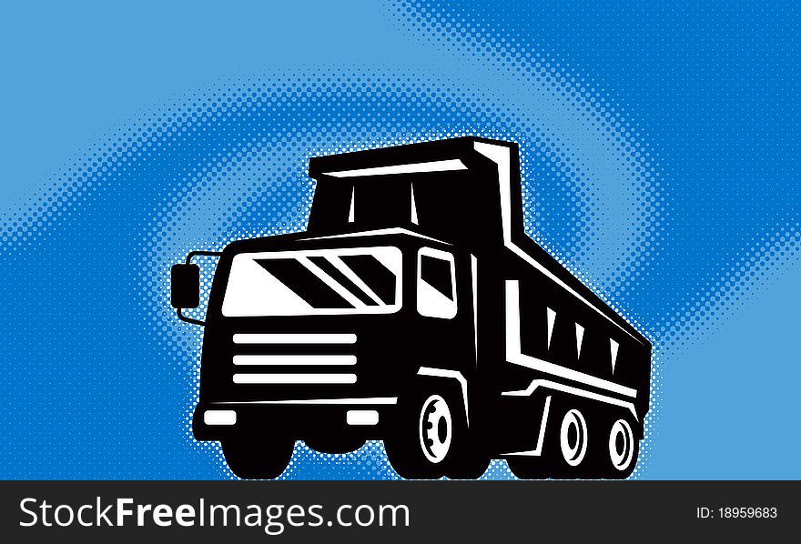 Illustration of a construction dump truck lorry done in retro style with halftone dot twirl or swirl in background