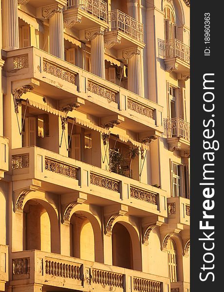 Traditional neo-classical building in the seaside of Thessaloniki. The light is natural by the sunset.