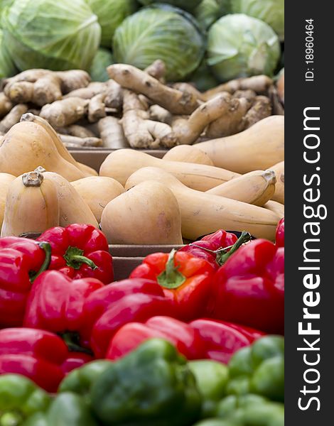 Table of fruits and vegetables fro sale at a street market.